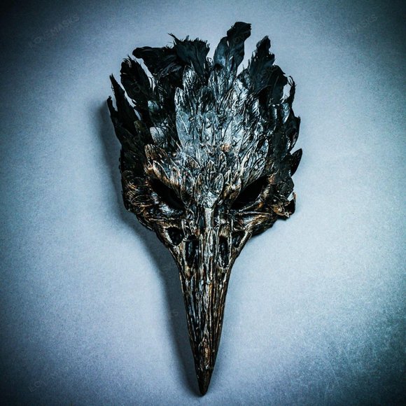 Brown Raven Skull Long Nose w/ Feather Party Mask - Picture 2 of 10